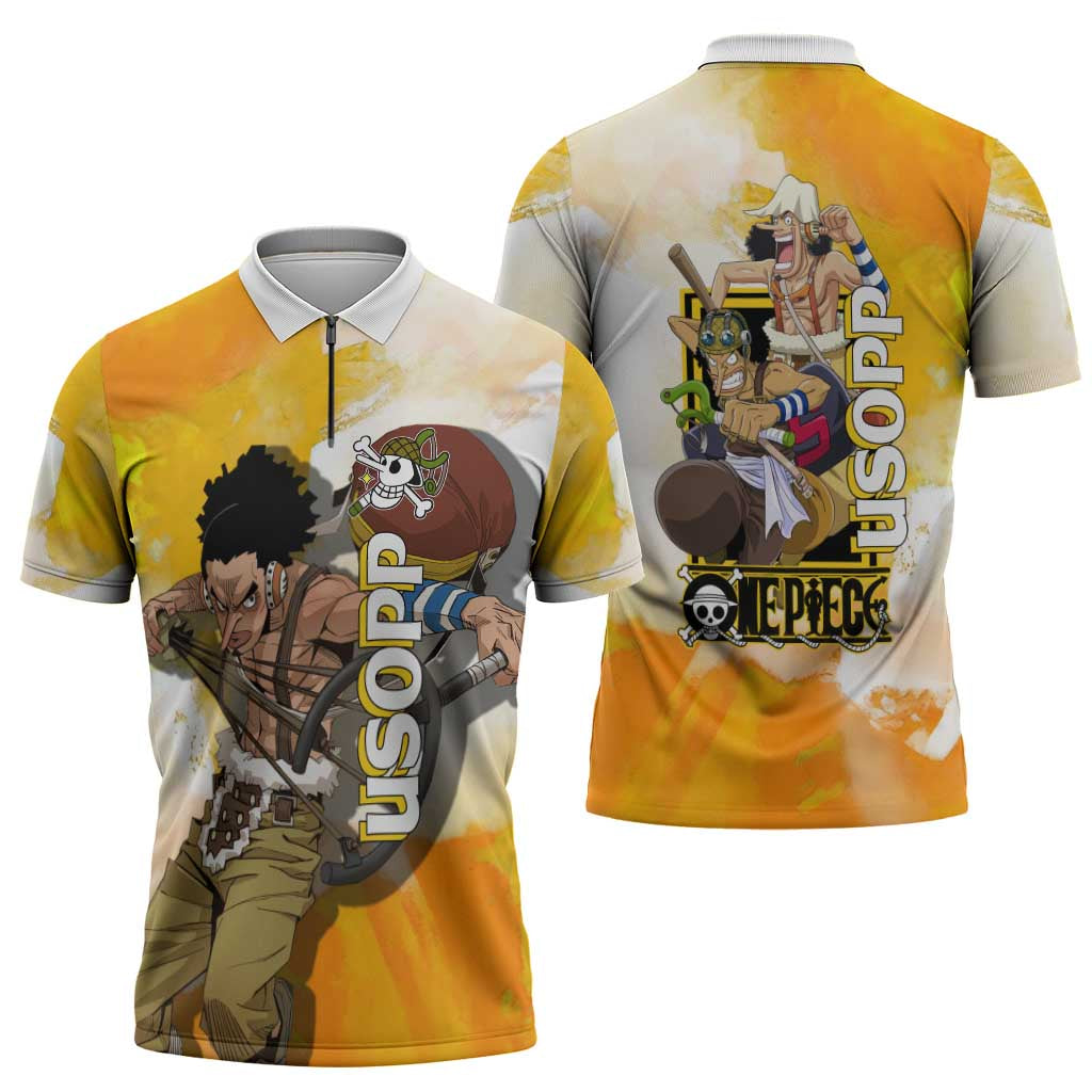Usopp One Piece Yellow and White Theme Zipper Polo Shirt with Sniper Pose and Sogeking Mask Design - The Mazicc