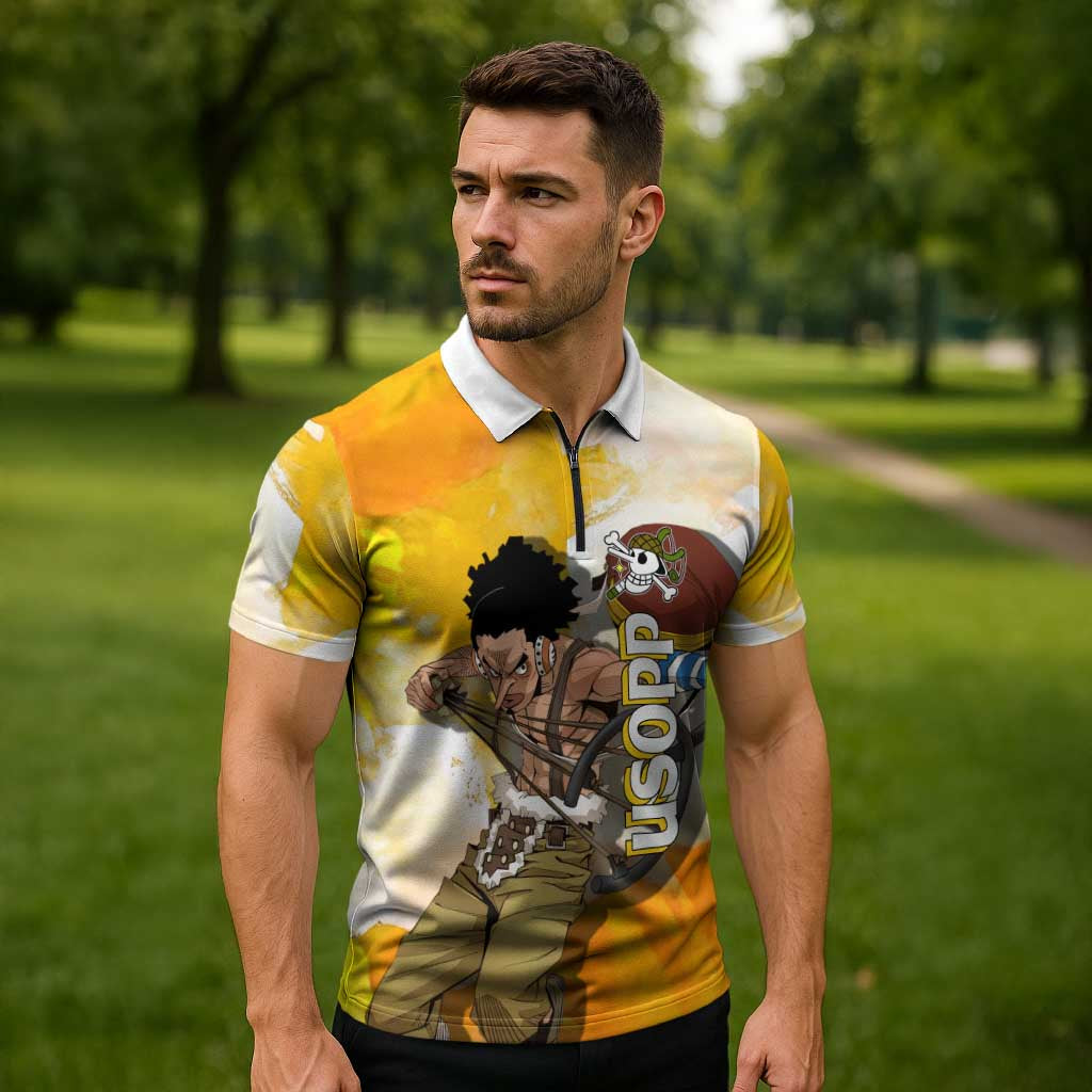 Usopp One Piece Yellow and White Theme Zipper Polo Shirt with Sniper Pose and Sogeking Mask Design - The Mazicc