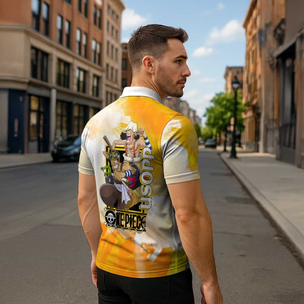 Usopp One Piece Yellow and White Theme Zipper Polo Shirt with Sniper Pose and Sogeking Mask Design - The Mazicc