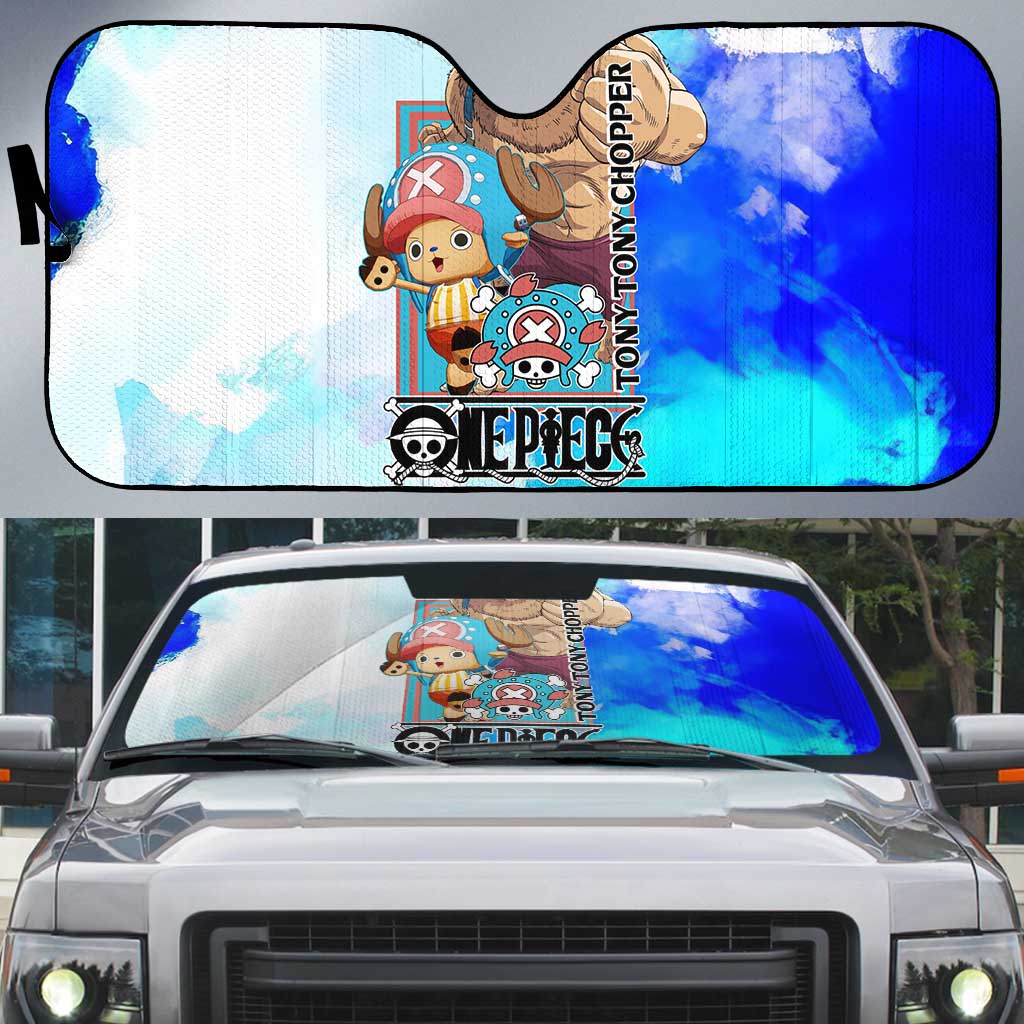 Tony Tony Chopper One Piece Blue Theme Auto Sun Shade with Cute Reindeer Design and Transformation Forms - The Mazicc