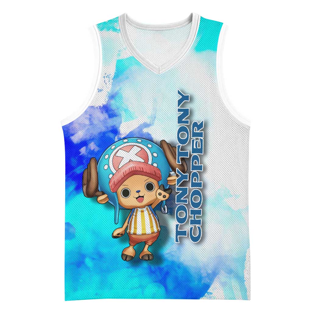 Tony Tony Chopper One Piece Blue Theme Basketball Jersey with Cute Reindeer Design and Transformation Forms - The Mazicc
