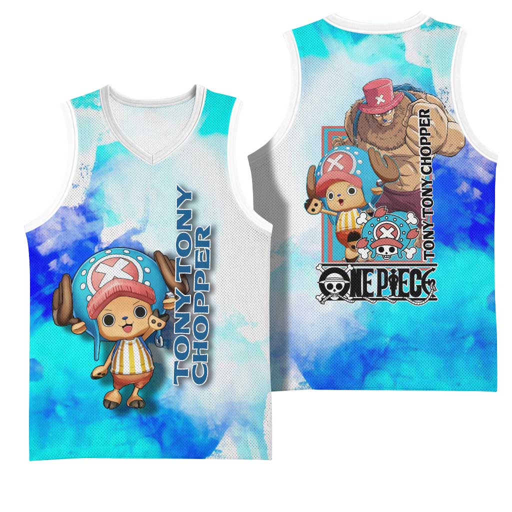 Tony Tony Chopper One Piece Blue Theme Basketball Jersey with Cute Reindeer Design and Transformation Forms - The Mazicc