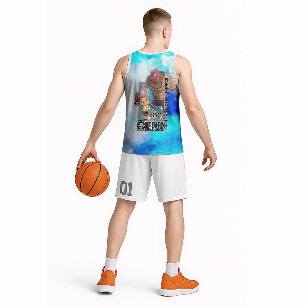Tony Tony Chopper One Piece Blue Theme Basketball Jersey with Cute Reindeer Design and Transformation Forms - The Mazicc