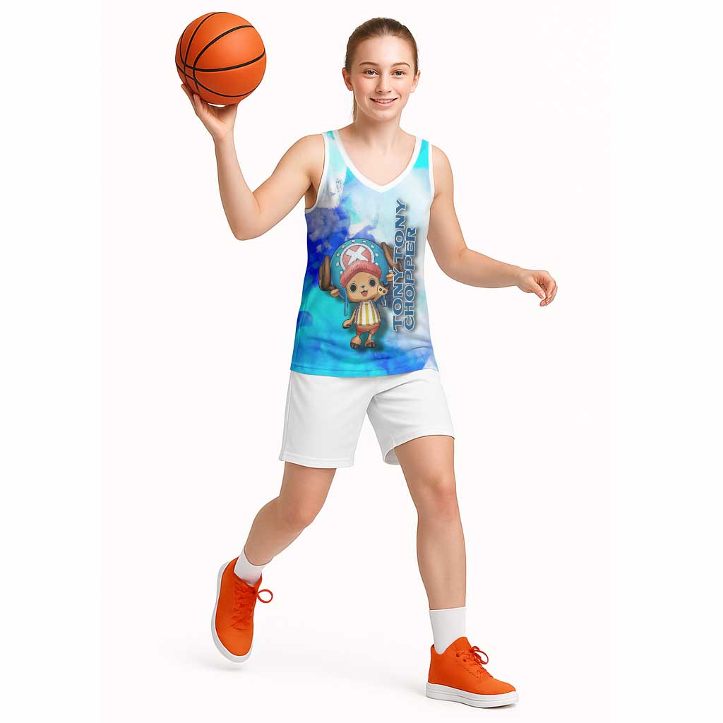 Tony Tony Chopper One Piece Blue Theme Basketball Jersey with Cute Reindeer Design and Transformation Forms - The Mazicc