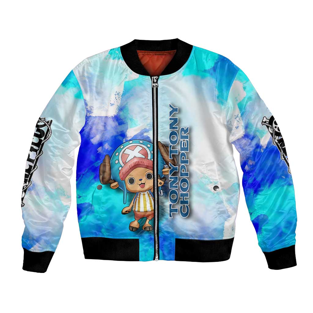 Tony Tony Chopper One Piece Blue Theme Bomber Jacket with Cute Reindeer Design and Transformation Forms - The Mazicc