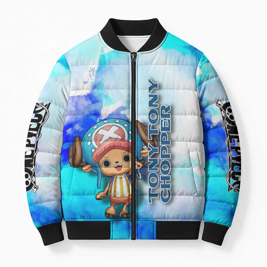 Tony Tony Chopper One Piece Blue Theme Bomber Puffer Jacket with Cute Reindeer Design and Transformation Forms - The Mazicc