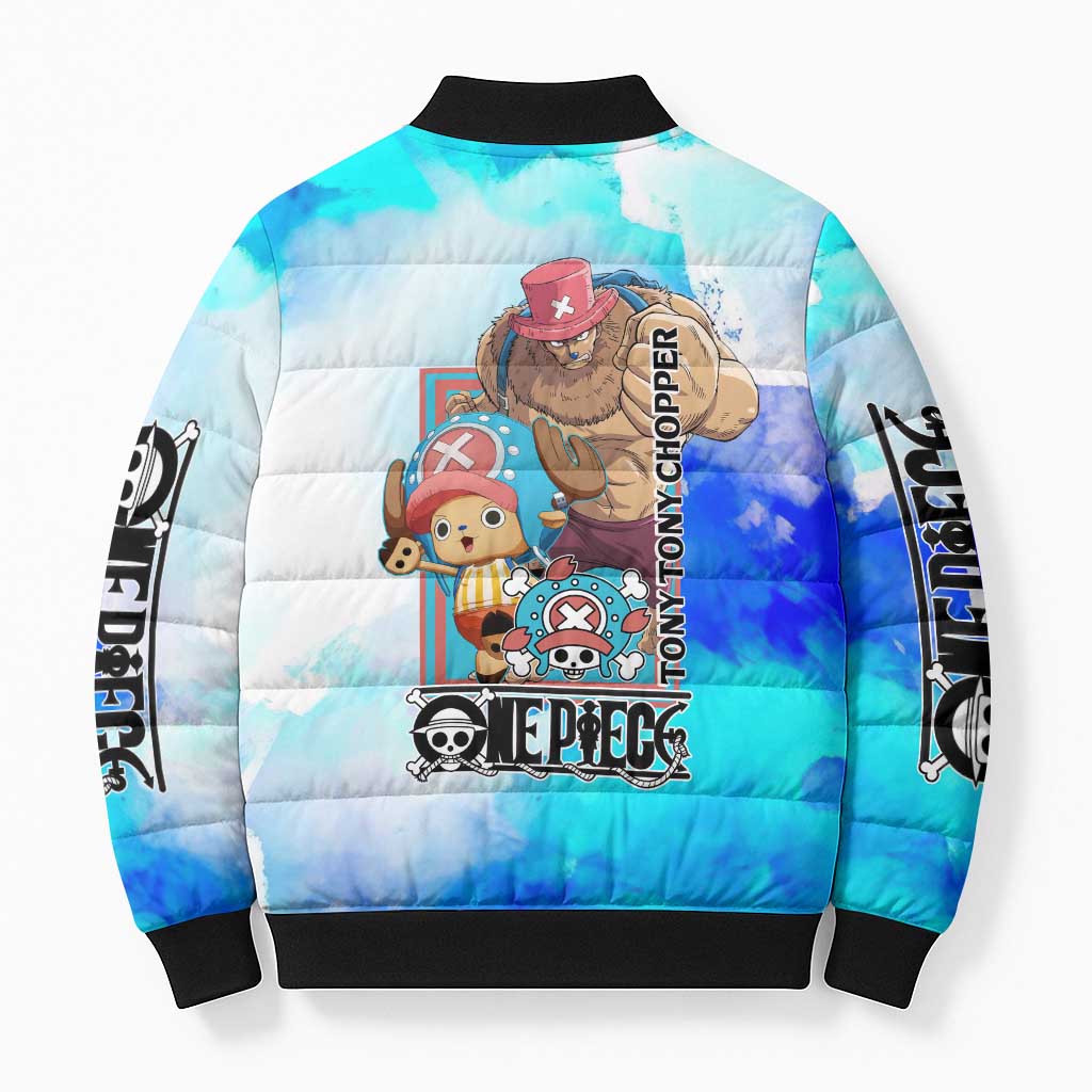Tony Tony Chopper One Piece Blue Theme Bomber Puffer Jacket with Cute Reindeer Design and Transformation Forms - The Mazicc