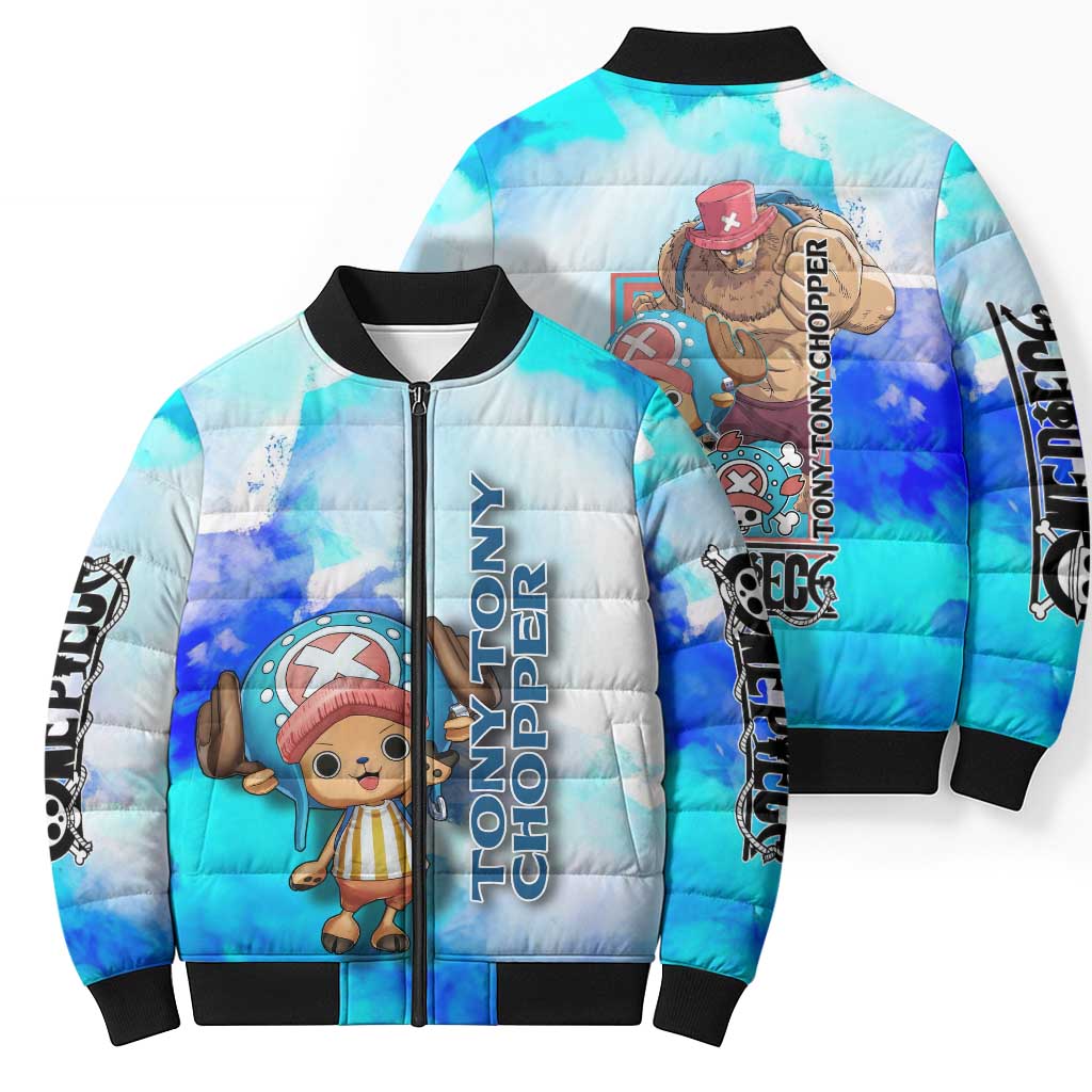 Tony Tony Chopper One Piece Blue Theme Bomber Puffer Jacket with Cute Reindeer Design and Transformation Forms - The Mazicc