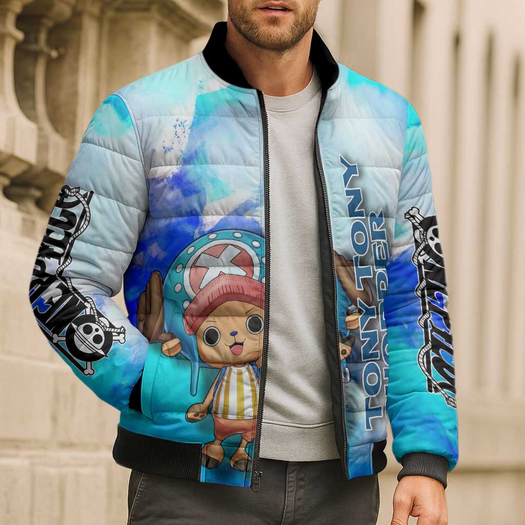 Tony Tony Chopper One Piece Blue Theme Bomber Puffer Jacket with Cute Reindeer Design and Transformation Forms - The Mazicc