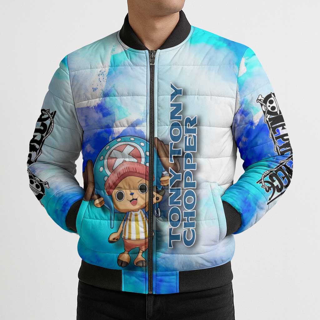 Tony Tony Chopper One Piece Blue Theme Bomber Puffer Jacket with Cute Reindeer Design and Transformation Forms - The Mazicc
