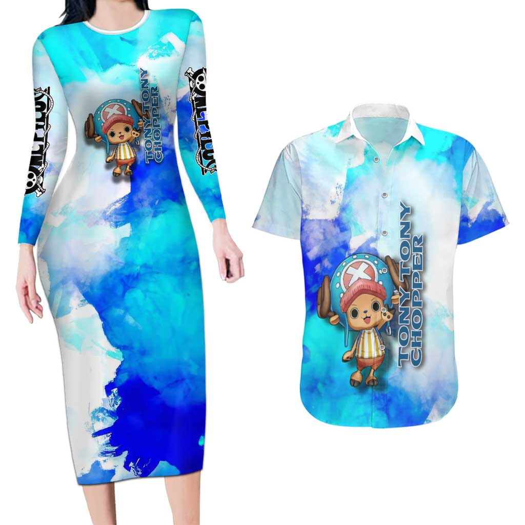 Tony Tony Chopper One Piece Blue Theme Couples Matching Long Sleeve Bodycon Dress and Hawaiian Shirt with Cute Reindeer Design and Transformation Forms - The Mazicc