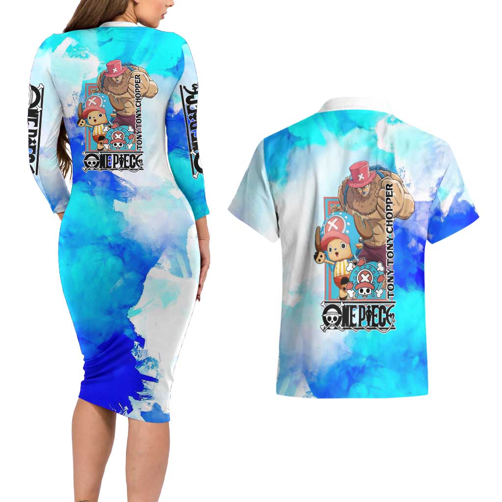 Tony Tony Chopper One Piece Blue Theme Couples Matching Long Sleeve Bodycon Dress and Hawaiian Shirt with Cute Reindeer Design and Transformation Forms - The Mazicc