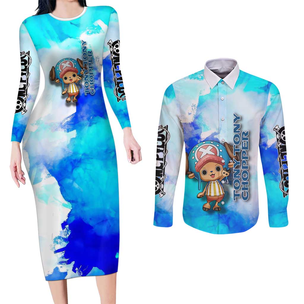 Tony Tony Chopper One Piece Blue Theme Couples Matching Long Sleeve Bodycon Dress and Long Sleeve Button Shirt with Cute Reindeer Design and Transformation Forms - The Mazicc