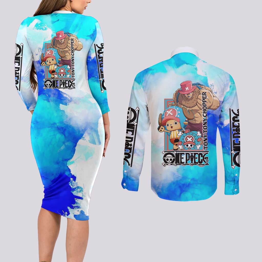 Tony Tony Chopper One Piece Blue Theme Couples Matching Long Sleeve Bodycon Dress and Long Sleeve Button Shirt with Cute Reindeer Design and Transformation Forms - The Mazicc