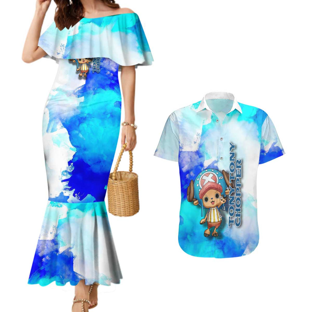 Tony Tony Chopper One Piece Blue Theme Couples Matching Mermaid Dress and Hawaiian Shirt with Cute Reindeer Design and Transformation Forms - The Mazicc