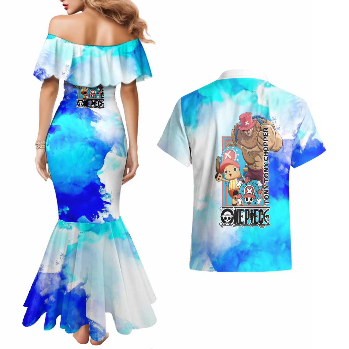 Tony Tony Chopper One Piece Blue Theme Couples Matching Mermaid Dress and Hawaiian Shirt with Cute Reindeer Design and Transformation Forms - The Mazicc