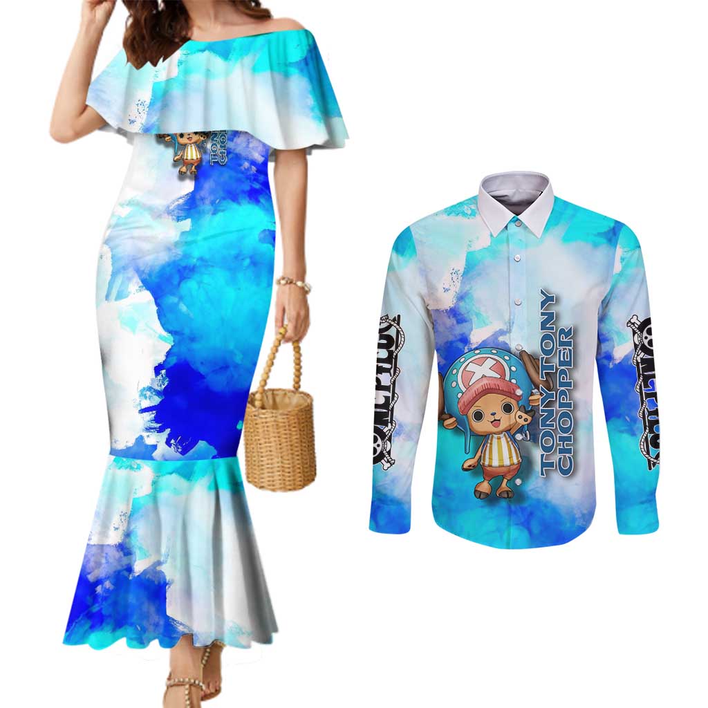 Tony Tony Chopper One Piece Blue Theme Couples Matching Mermaid Dress and Long Sleeve Button Shirt with Cute Reindeer Design and Transformation Forms - The Mazicc