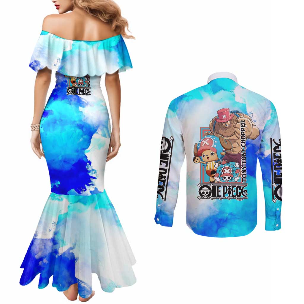 Tony Tony Chopper One Piece Blue Theme Couples Matching Mermaid Dress and Long Sleeve Button Shirt with Cute Reindeer Design and Transformation Forms - The Mazicc