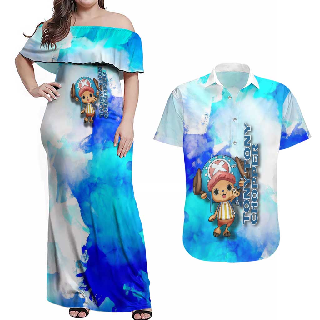 Tony Tony Chopper One Piece Blue Theme Couples Matching Off Shoulder Maxi Dress and Hawaiian Shirt with Cute Reindeer Design and Transformation Forms - The Mazicc