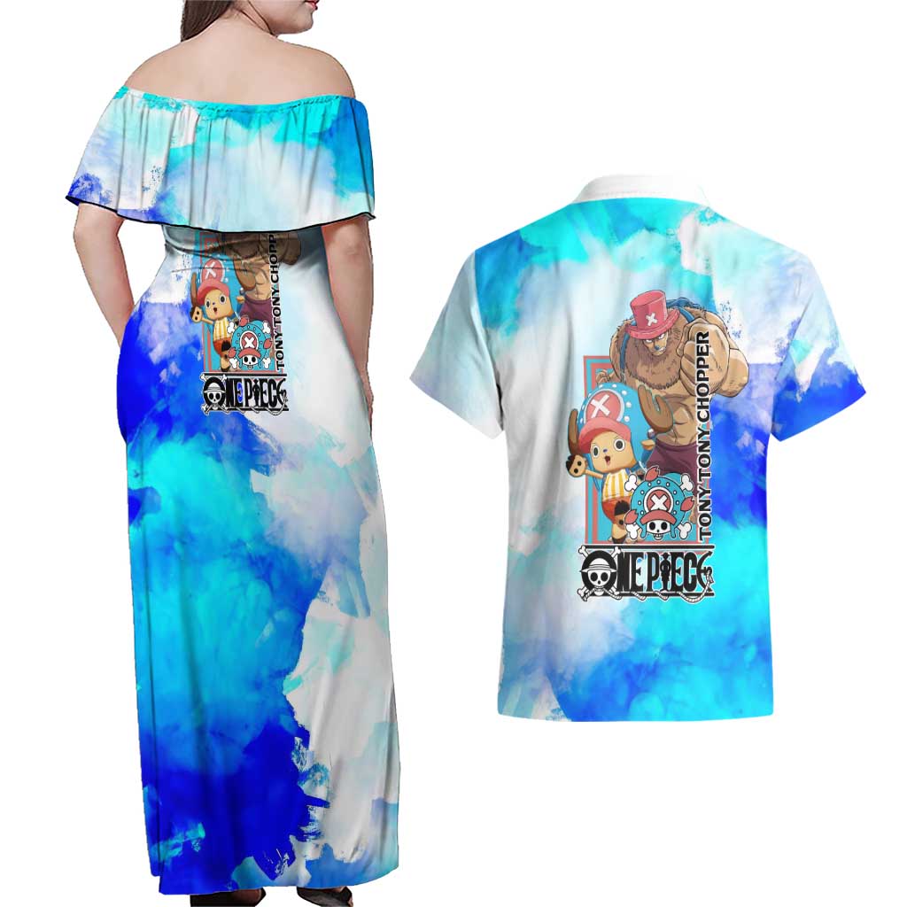 Tony Tony Chopper One Piece Blue Theme Couples Matching Off Shoulder Maxi Dress and Hawaiian Shirt with Cute Reindeer Design and Transformation Forms - The Mazicc