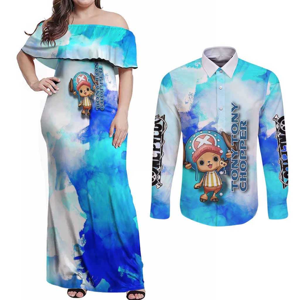 Tony Tony Chopper One Piece Blue Theme Couples Matching Off Shoulder Maxi Dress and Long Sleeve Button Shirt with Cute Reindeer Design and Transformation Forms - The Mazicc