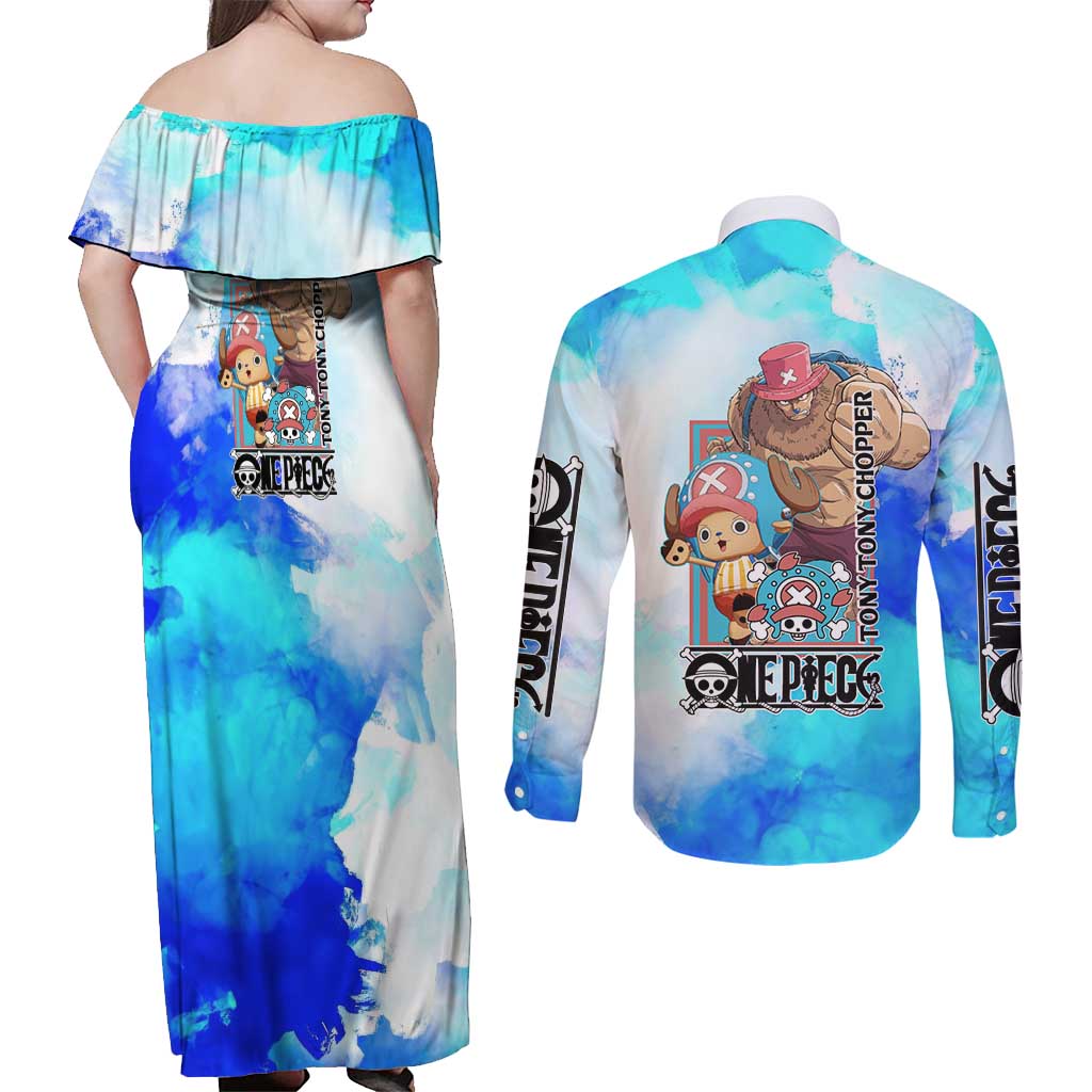 Tony Tony Chopper One Piece Blue Theme Couples Matching Off Shoulder Maxi Dress and Long Sleeve Button Shirt with Cute Reindeer Design and Transformation Forms - The Mazicc
