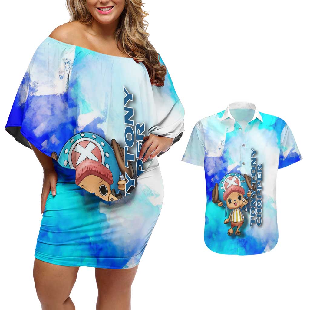 Tony Tony Chopper One Piece Blue Theme Couples Matching Off Shoulder Short Dress and Hawaiian Shirt with Cute Reindeer Design and Transformation Forms - The Mazicc