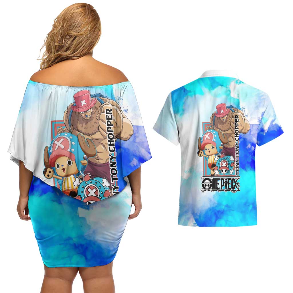 Tony Tony Chopper One Piece Blue Theme Couples Matching Off Shoulder Short Dress and Hawaiian Shirt with Cute Reindeer Design and Transformation Forms - The Mazicc