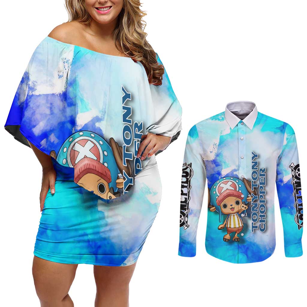 Tony Tony Chopper One Piece Blue Theme Couples Matching Off Shoulder Short Dress and Long Sleeve Button Shirt with Cute Reindeer Design and Transformation Forms - The Mazicc