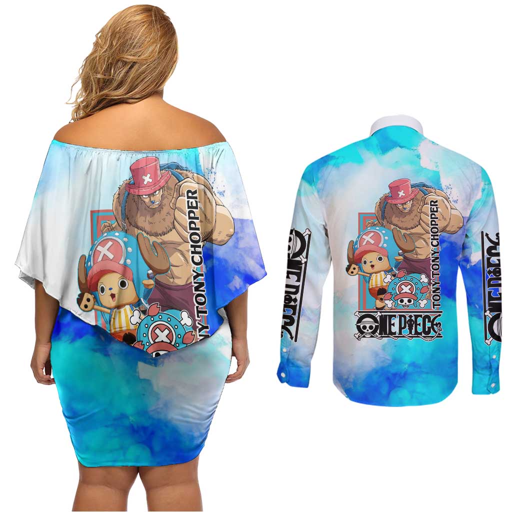 Tony Tony Chopper One Piece Blue Theme Couples Matching Off Shoulder Short Dress and Long Sleeve Button Shirt with Cute Reindeer Design and Transformation Forms - The Mazicc