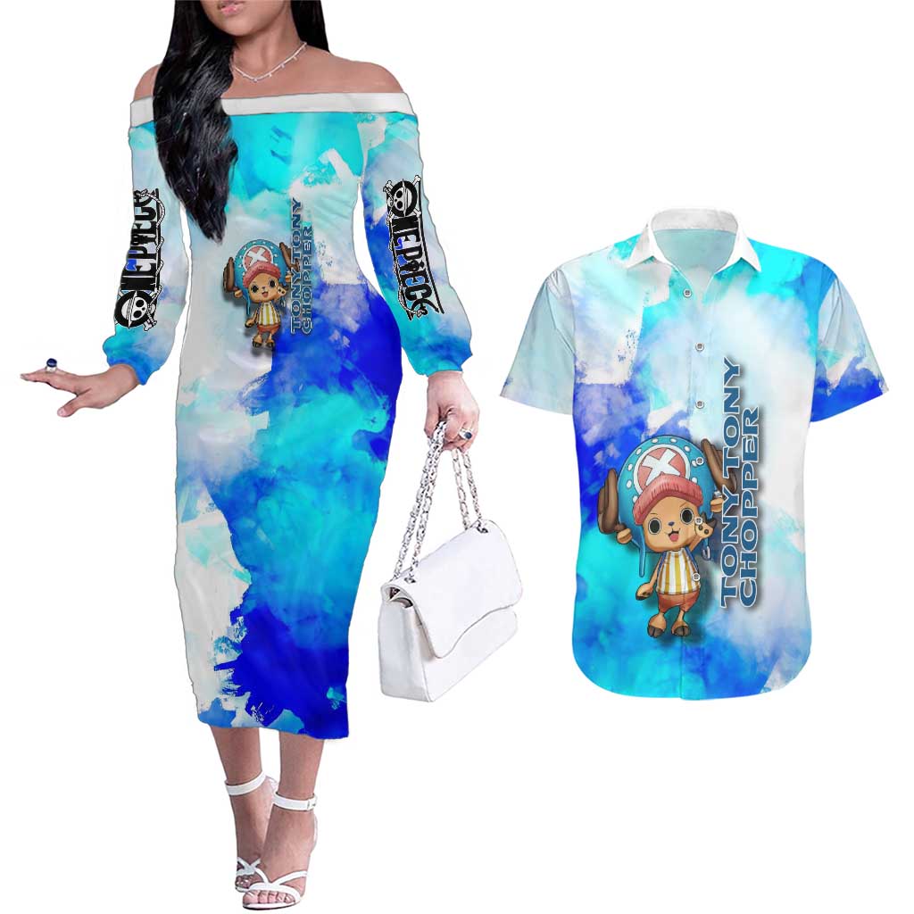 Tony Tony Chopper One Piece Blue Theme Couples Matching Off The Shoulder Long Sleeve Dress and Hawaiian Shirt with Cute Reindeer Design and Transformation Forms - The Mazicc