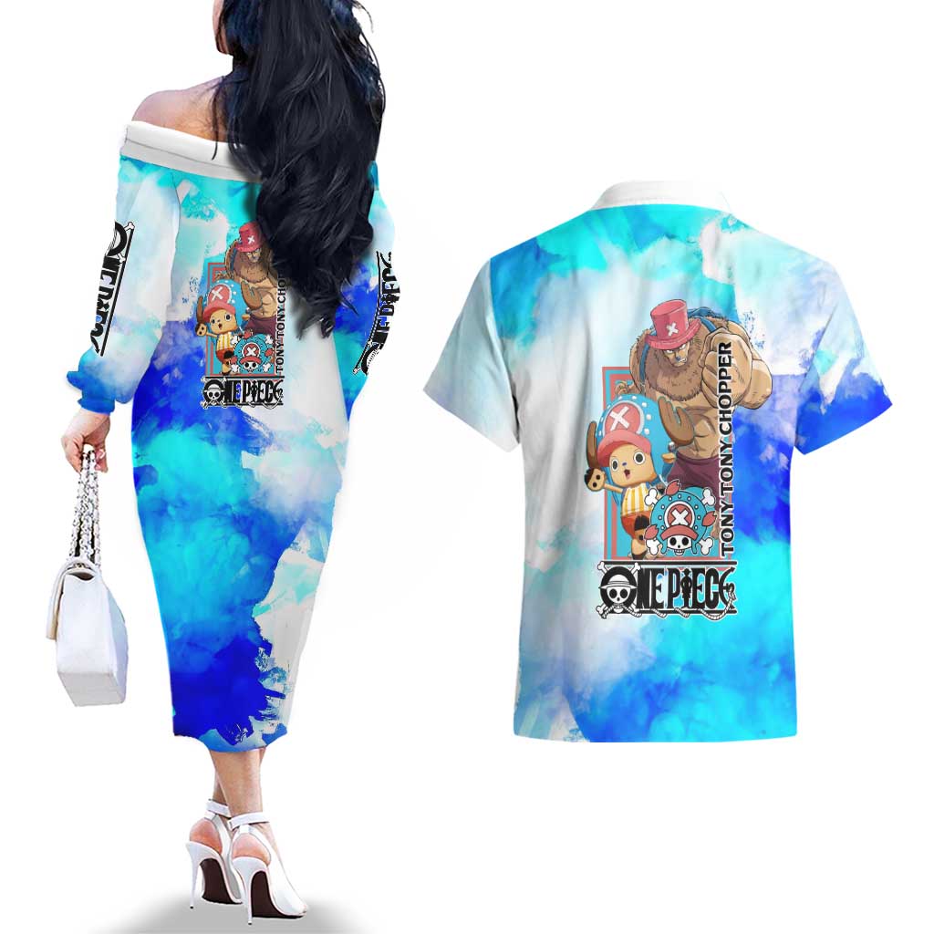 Tony Tony Chopper One Piece Blue Theme Couples Matching Off The Shoulder Long Sleeve Dress and Hawaiian Shirt with Cute Reindeer Design and Transformation Forms - The Mazicc
