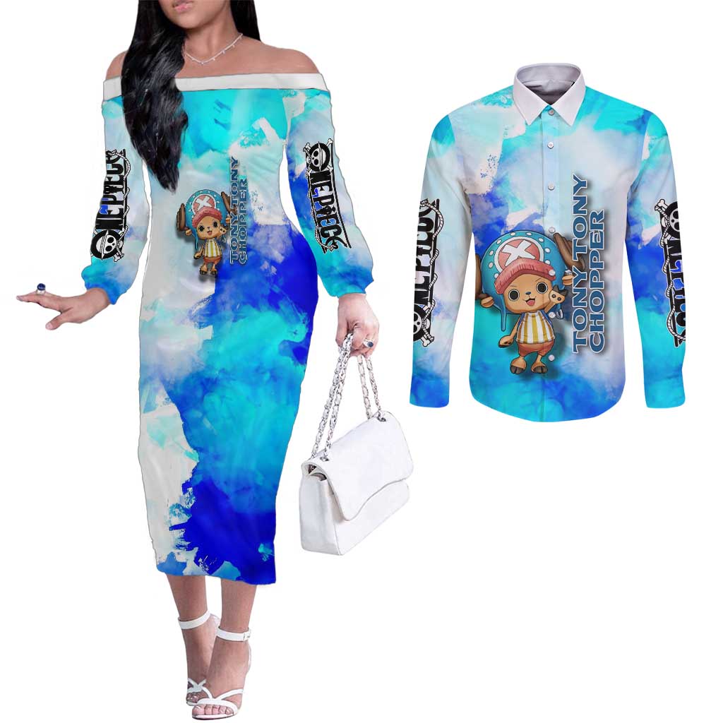 Tony Tony Chopper One Piece Blue Theme Couples Matching Off The Shoulder Long Sleeve Dress and Long Sleeve Button Shirt with Cute Reindeer Design and Transformation Forms - The Mazicc
