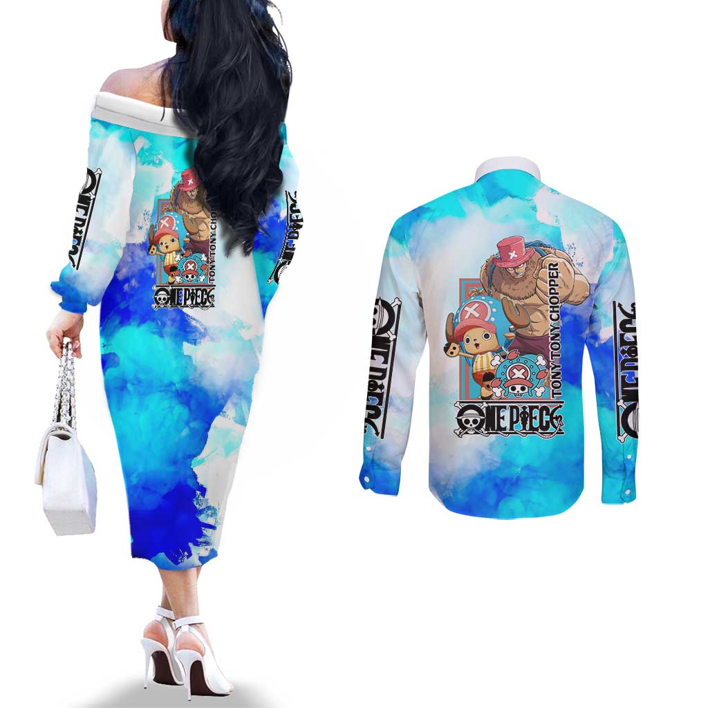 Tony Tony Chopper One Piece Blue Theme Couples Matching Off The Shoulder Long Sleeve Dress and Long Sleeve Button Shirt with Cute Reindeer Design and Transformation Forms - The Mazicc