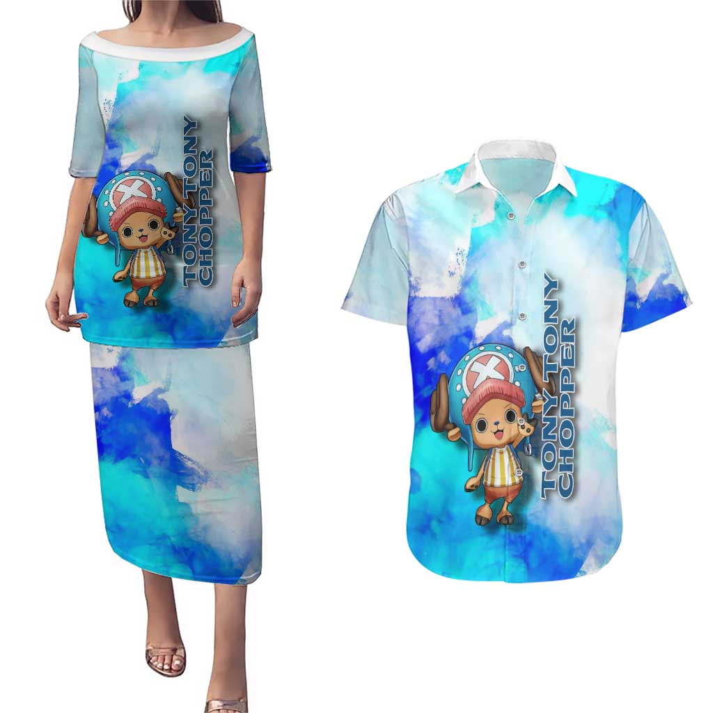 Tony Tony Chopper One Piece Blue Theme Couples Matching Puletasi and Hawaiian Shirt with Cute Reindeer Design and Transformation Forms - The Mazicc