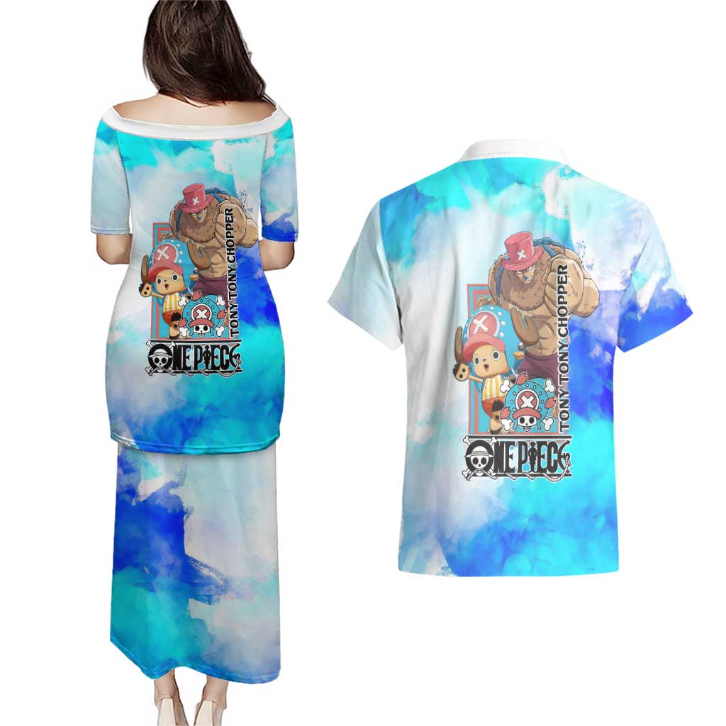 Tony Tony Chopper One Piece Blue Theme Couples Matching Puletasi and Hawaiian Shirt with Cute Reindeer Design and Transformation Forms - The Mazicc