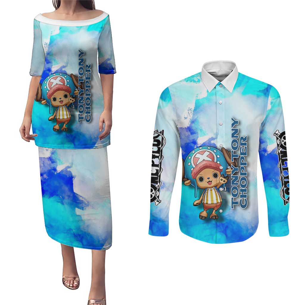 Tony Tony Chopper One Piece Blue Theme Couples Matching Puletasi and Long Sleeve Button Shirt with Cute Reindeer Design and Transformation Forms - The Mazicc
