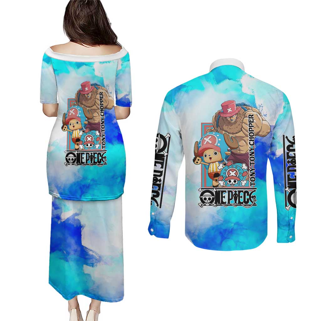 Tony Tony Chopper One Piece Blue Theme Couples Matching Puletasi and Long Sleeve Button Shirt with Cute Reindeer Design and Transformation Forms - The Mazicc