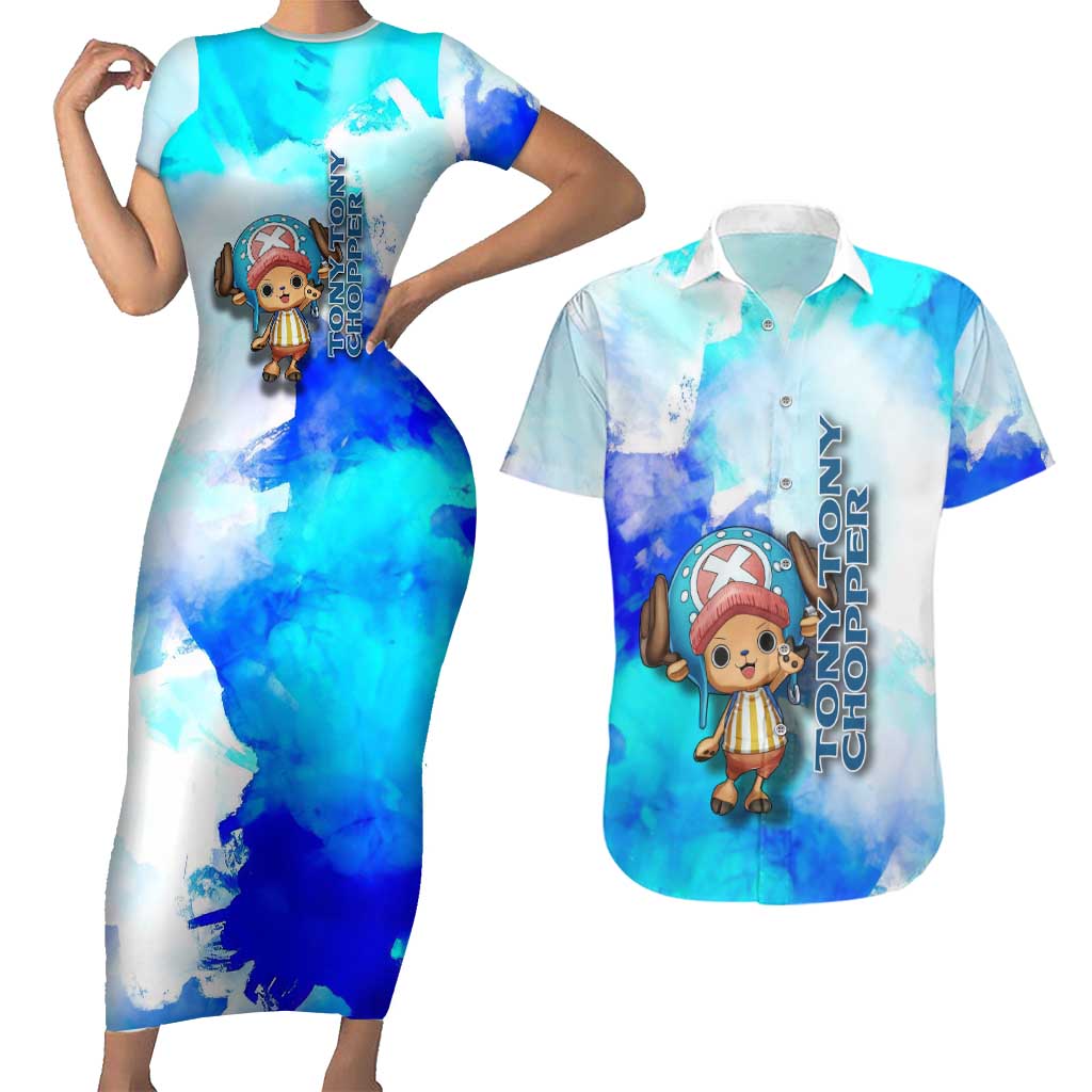 Tony Tony Chopper One Piece Blue Theme Couples Matching Short Sleeve Bodycon Dress and Hawaiian Shirt with Cute Reindeer Design and Transformation Forms - The Mazicc