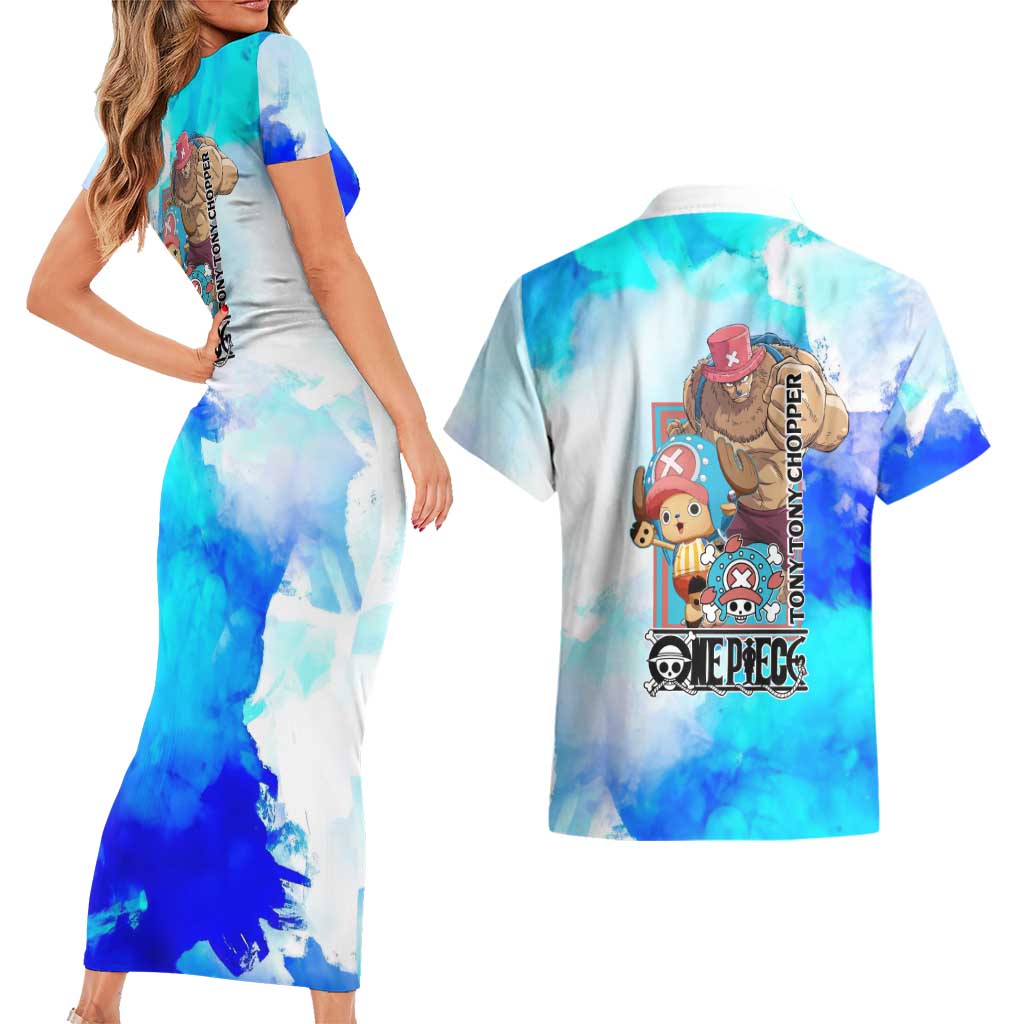 Tony Tony Chopper One Piece Blue Theme Couples Matching Short Sleeve Bodycon Dress and Hawaiian Shirt with Cute Reindeer Design and Transformation Forms - The Mazicc