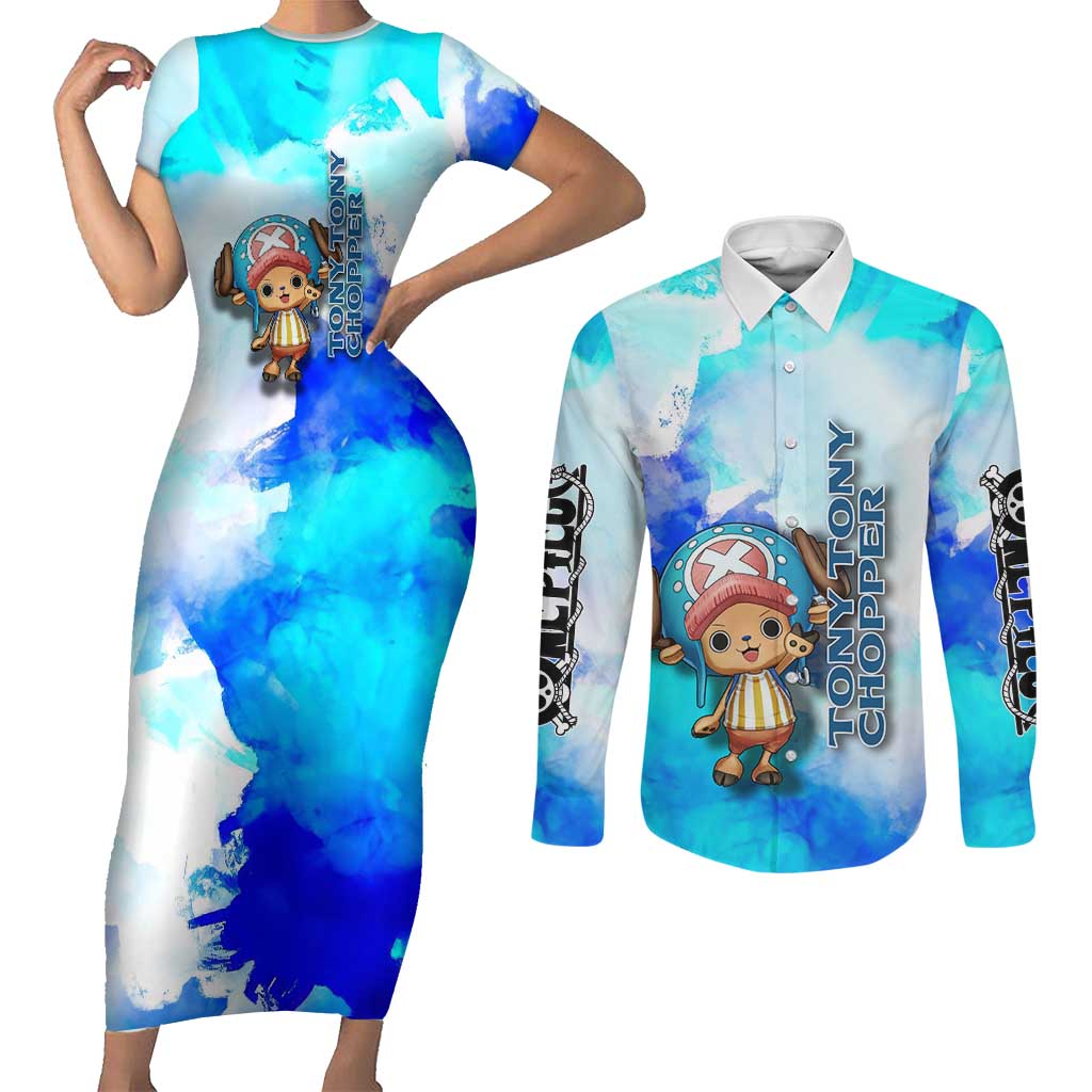 Tony Tony Chopper One Piece Blue Theme Couples Matching Short Sleeve Bodycon Dress and Long Sleeve Button Shirt with Cute Reindeer Design and Transformation Forms - The Mazicc