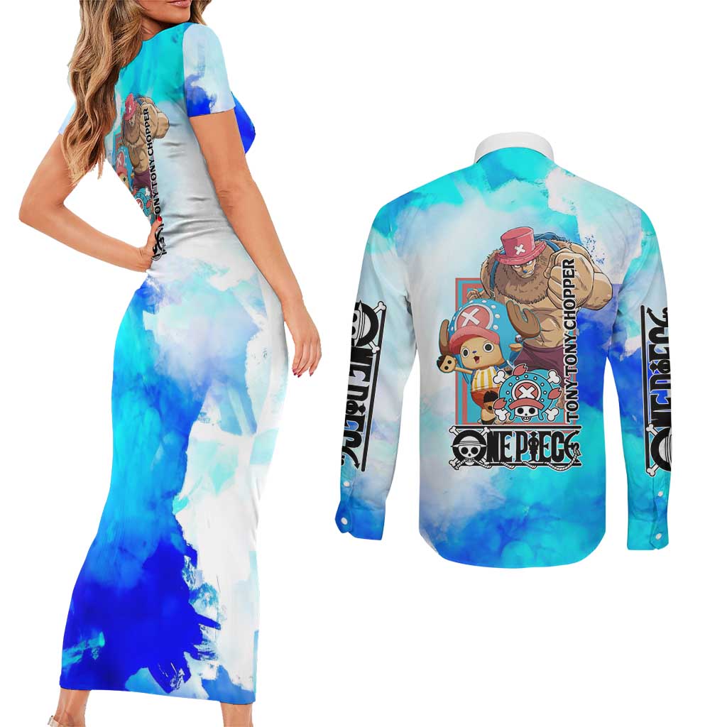 Tony Tony Chopper One Piece Blue Theme Couples Matching Short Sleeve Bodycon Dress and Long Sleeve Button Shirt with Cute Reindeer Design and Transformation Forms - The Mazicc