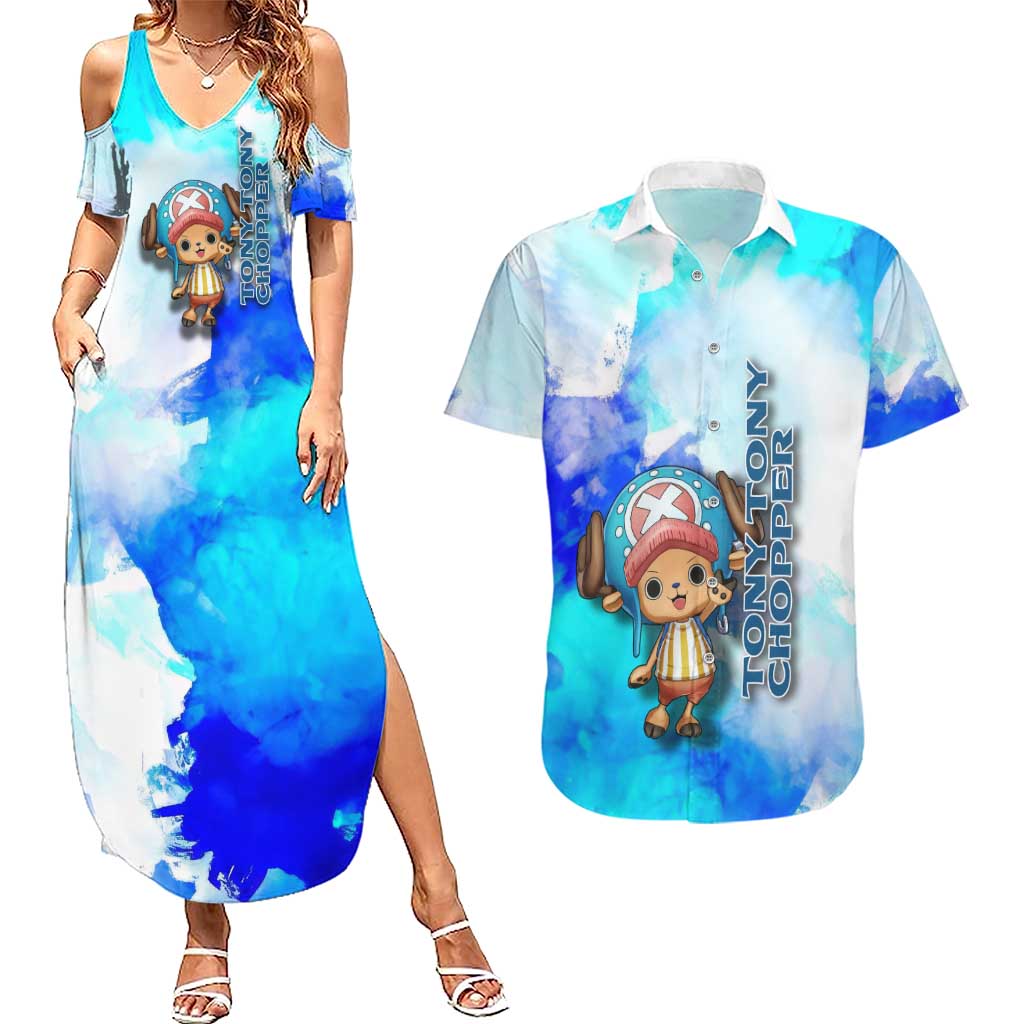 Tony Tony Chopper One Piece Blue Theme Couples Matching Summer Maxi Dress and Hawaiian Shirt with Cute Reindeer Design and Transformation Forms - The Mazicc