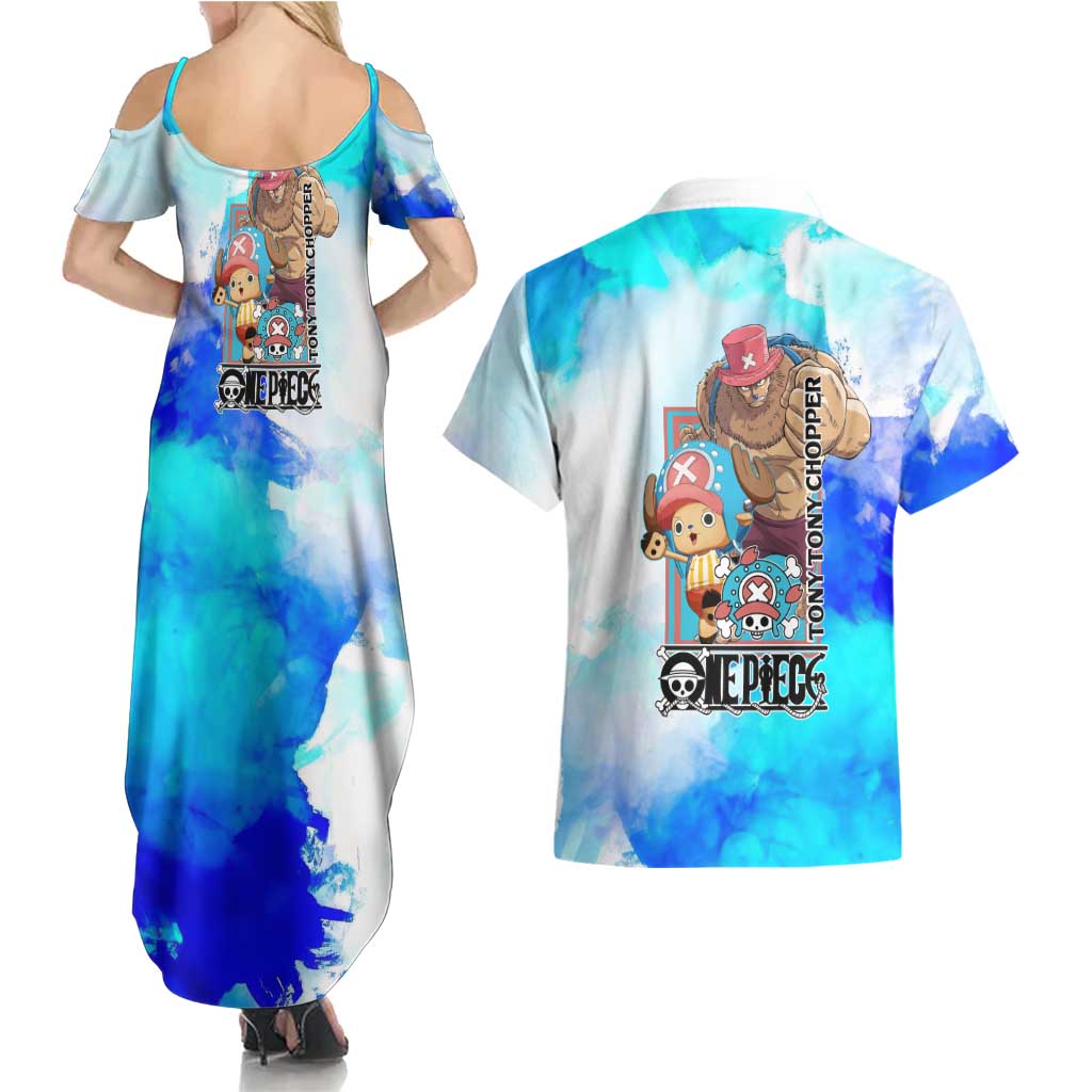 Tony Tony Chopper One Piece Blue Theme Couples Matching Summer Maxi Dress and Hawaiian Shirt with Cute Reindeer Design and Transformation Forms - The Mazicc