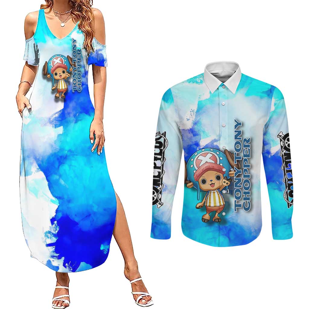 Tony Tony Chopper One Piece Blue Theme Couples Matching Summer Maxi Dress and Long Sleeve Button Shirt with Cute Reindeer Design and Transformation Forms - The Mazicc