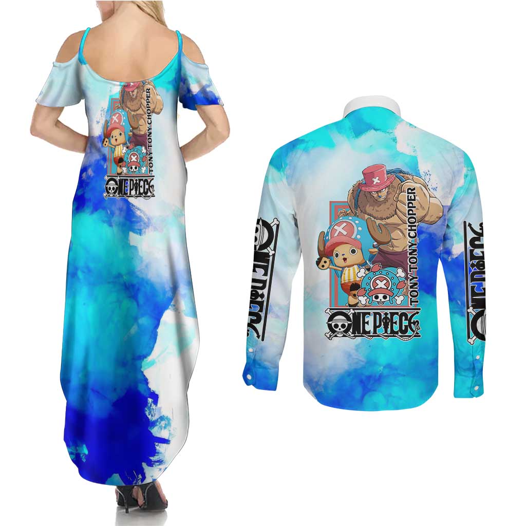 Tony Tony Chopper One Piece Blue Theme Couples Matching Summer Maxi Dress and Long Sleeve Button Shirt with Cute Reindeer Design and Transformation Forms - The Mazicc