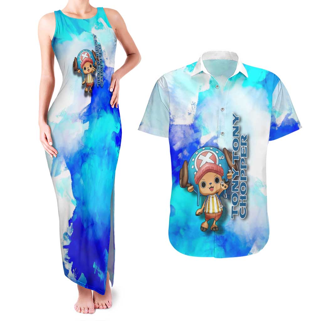 Tony Tony Chopper One Piece Blue Theme Couples Matching Tank Maxi Dress and Hawaiian Shirt with Cute Reindeer Design and Transformation Forms - The Mazicc