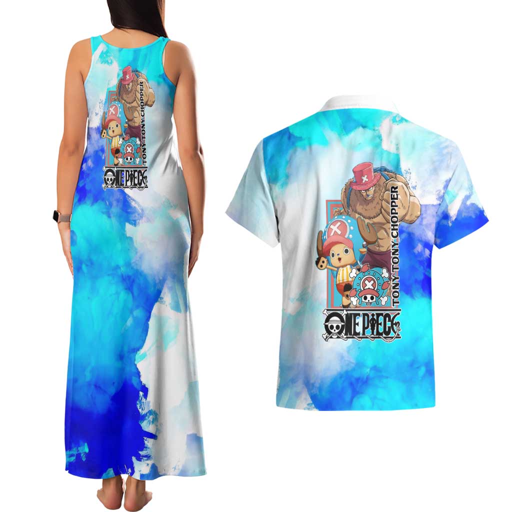 Tony Tony Chopper One Piece Blue Theme Couples Matching Tank Maxi Dress and Hawaiian Shirt with Cute Reindeer Design and Transformation Forms - The Mazicc
