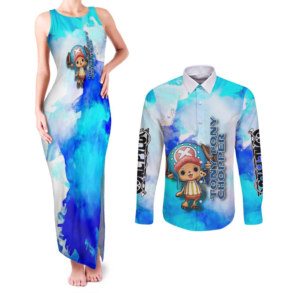 Tony Tony Chopper One Piece Blue Theme Couples Matching Tank Maxi Dress and Long Sleeve Button Shirt with Cute Reindeer Design and Transformation Forms - The Mazicc