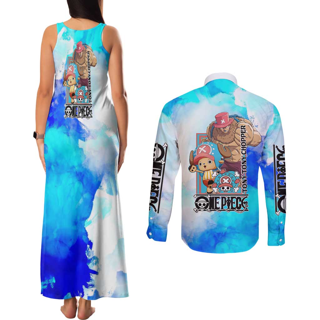 Tony Tony Chopper One Piece Blue Theme Couples Matching Tank Maxi Dress and Long Sleeve Button Shirt with Cute Reindeer Design and Transformation Forms - The Mazicc